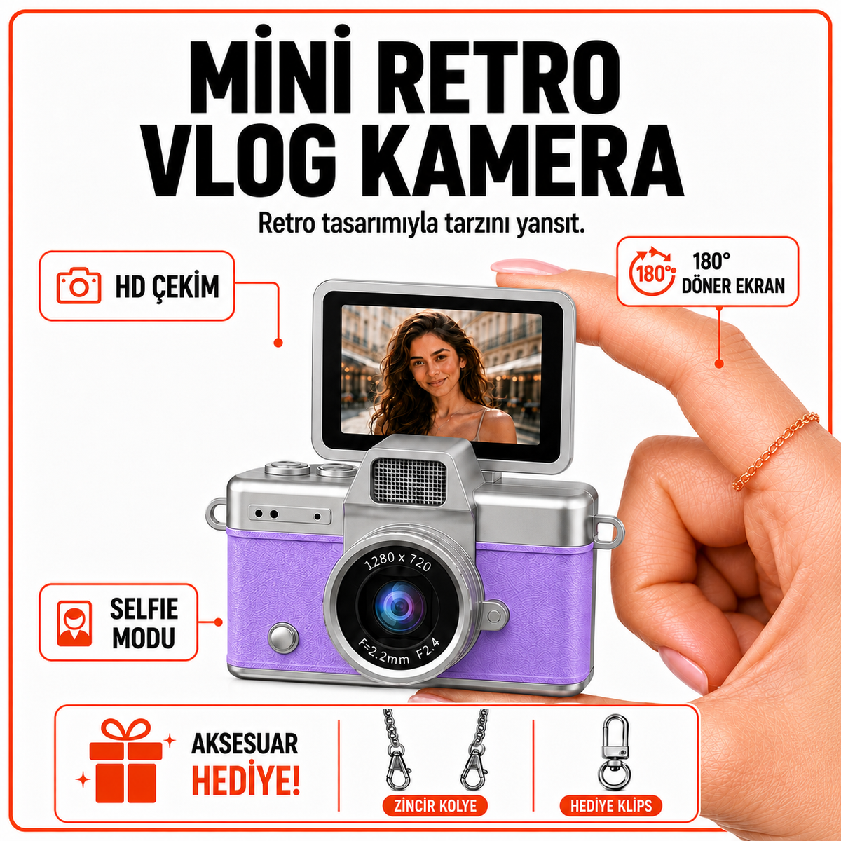 Solvis Mini Dijital Kamera – Retro Tasarım, HD Video ve Selfie