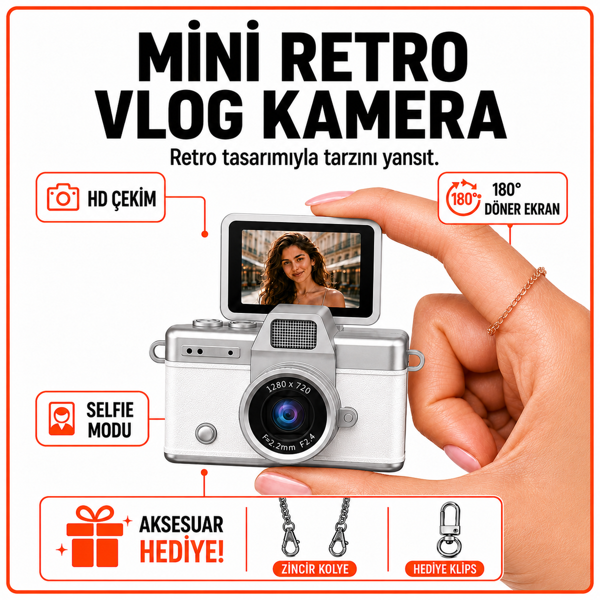 Solvis Mini Dijital Kamera – Retro Tasarım, HD Video ve Selfie