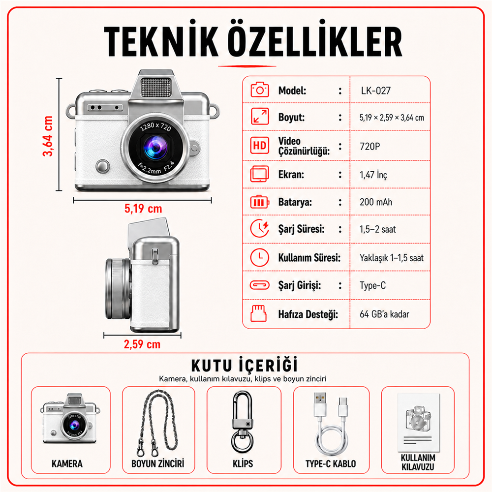 Solvis Mini Dijital Kamera – Retro Tasarım, HD Video ve Selfie